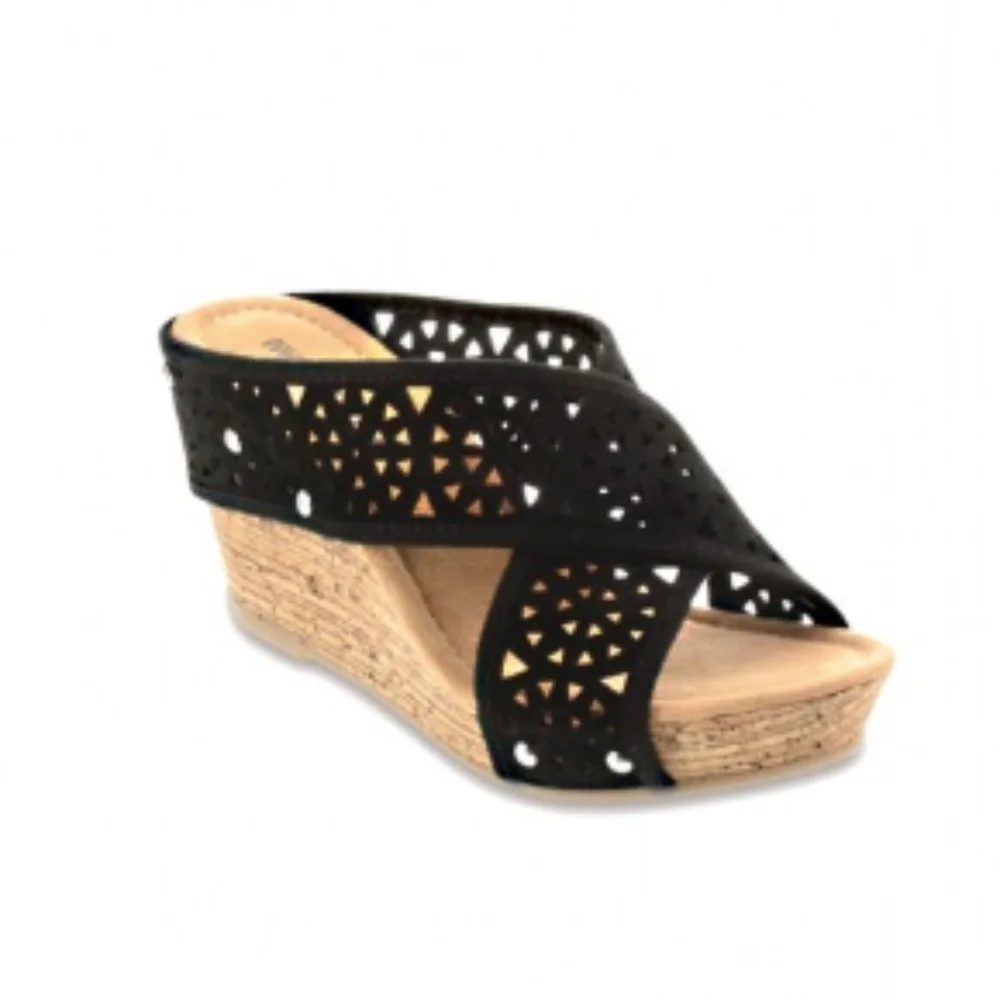 Minnetonka Black Tan Bohemian Lainey Boho Cut Out Suede Wedge Sandals Size 8